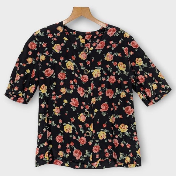 Unbranded Tops - Vintage Handmade Floral Print Retro Shirt Blouse Size Medium Shoulder Pads